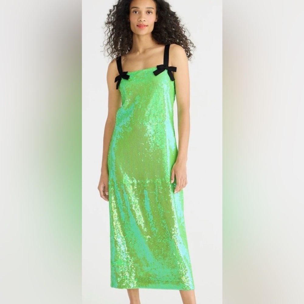 J.Crew Collection Sequin Midi Dress Neon Green Bow Strap Size 6 NWT